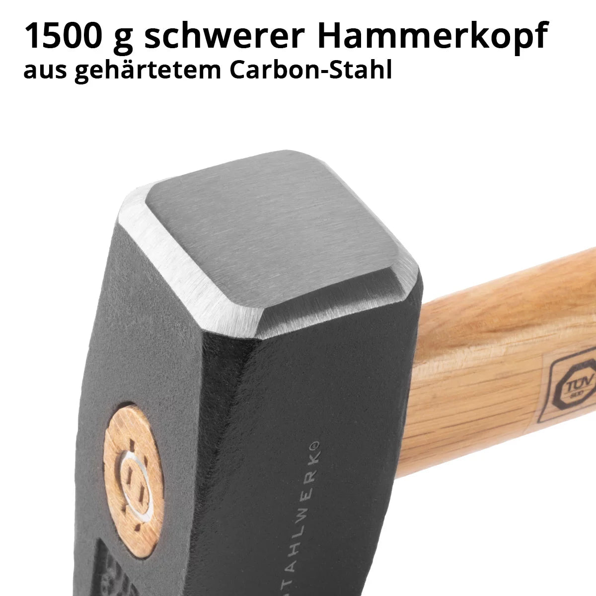 STAHLWERK Fäustel mit 1500 g Hammerkopf | Plattenhammer aus gehärtetem und lackiertem Carbon-Stahl | hochwertiger Hammer mit bruchfestem Hartholzstiel | TÜV + GS geprüft