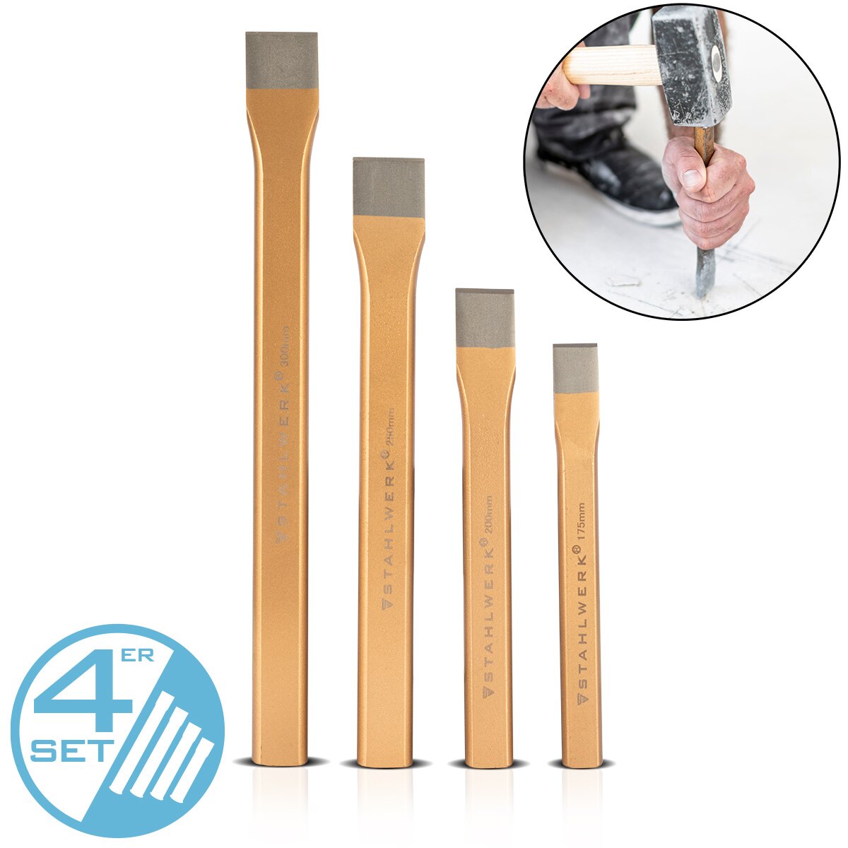 STAHLWERK Flachmeißel 4er Set Gold 175 | 200 | 250 | 300 mm Handmeißel aus gehärtetem Stahl zum professionellen Meißeln von Metall, Stein, Holz, Beton, Fliesen und Kunststoffen