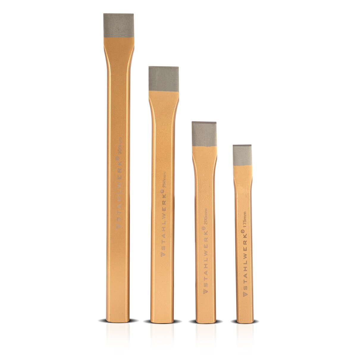 STAHLWERK set di 4 scalpelli piatti oro 175 | 200| 250| Scalpello manuale da 300 mm in acciaio temprato per la cesellatura professionale di metallo, pietra, legno, cemento, piastrelle e plastica