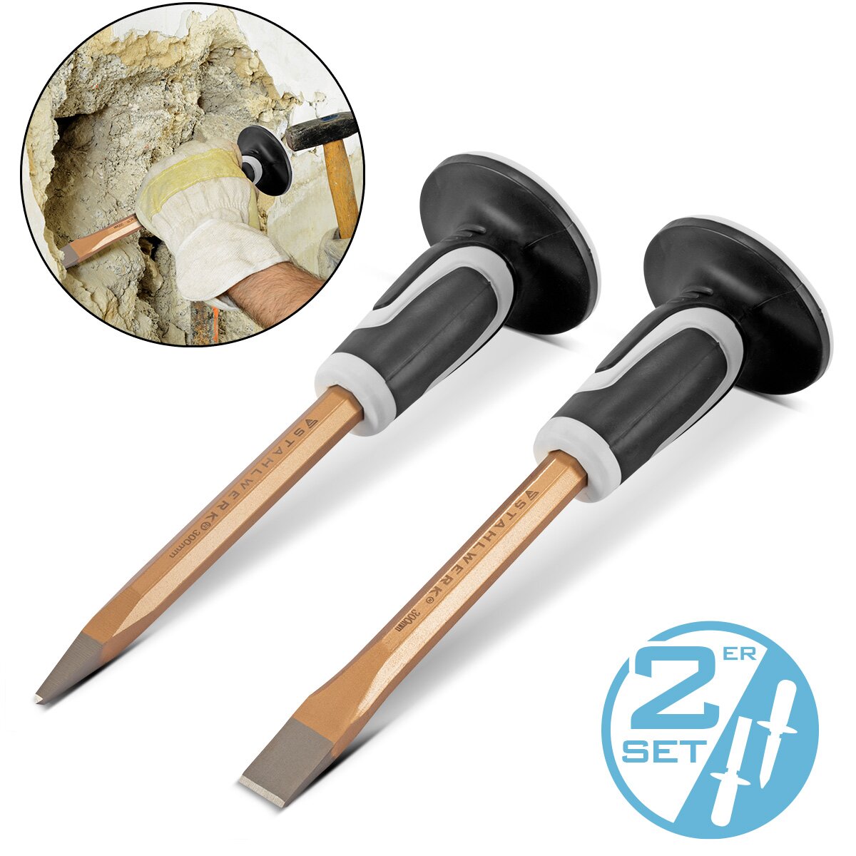 STAHLWERK Flachmeißel | Spitzmeißel 2er Set Gold 300 mm Handmeißel aus gehärtetem Stahl zum professionellen Meißeln von Metall, Stein, Holz, Beton, Fliesen und Kunststoffen