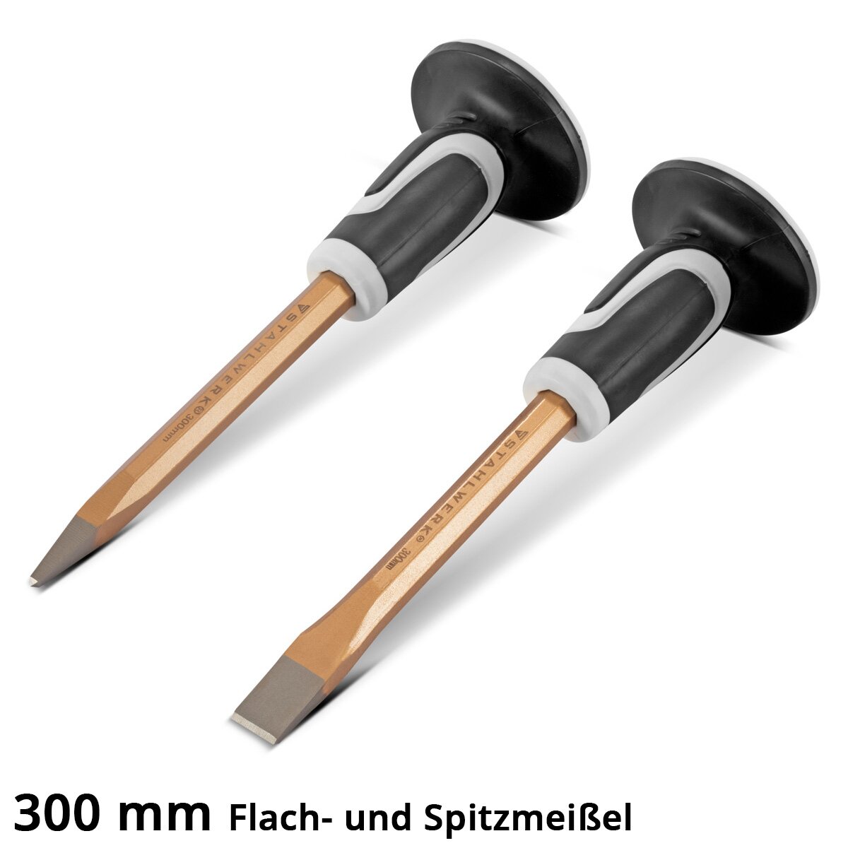 Scalpello piatto STAHLWERK | Set di 2 scalpelli a punta dorati a mano da 300 mm in acciaio temprato per la cesellatura professionale di metallo, pietra, legno, cemento, piastrelle e plastica