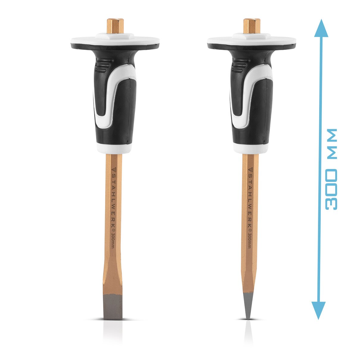 Scalpello piatto STAHLWERK | Set di 2 scalpelli a punta dorati a mano da 300 mm in acciaio temprato per la cesellatura professionale di metallo, pietra, legno, cemento, piastrelle e plastica