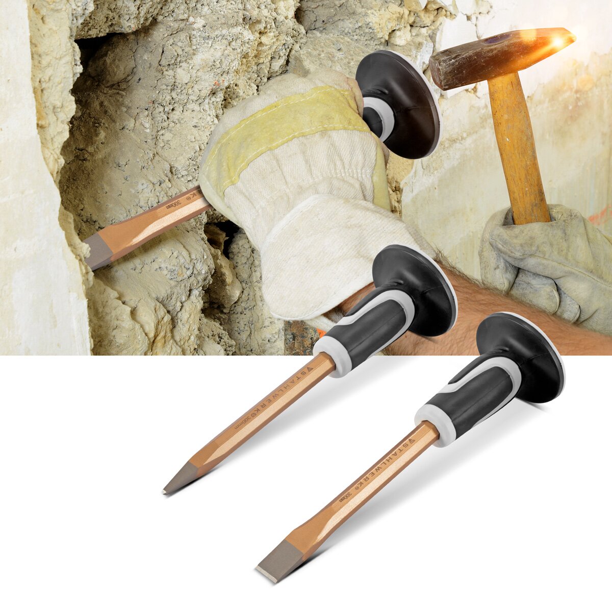 Scalpello piatto STAHLWERK | Set di 2 scalpelli a punta dorati a mano da 300 mm in acciaio temprato per la cesellatura professionale di metallo, pietra, legno, cemento, piastrelle e plastica