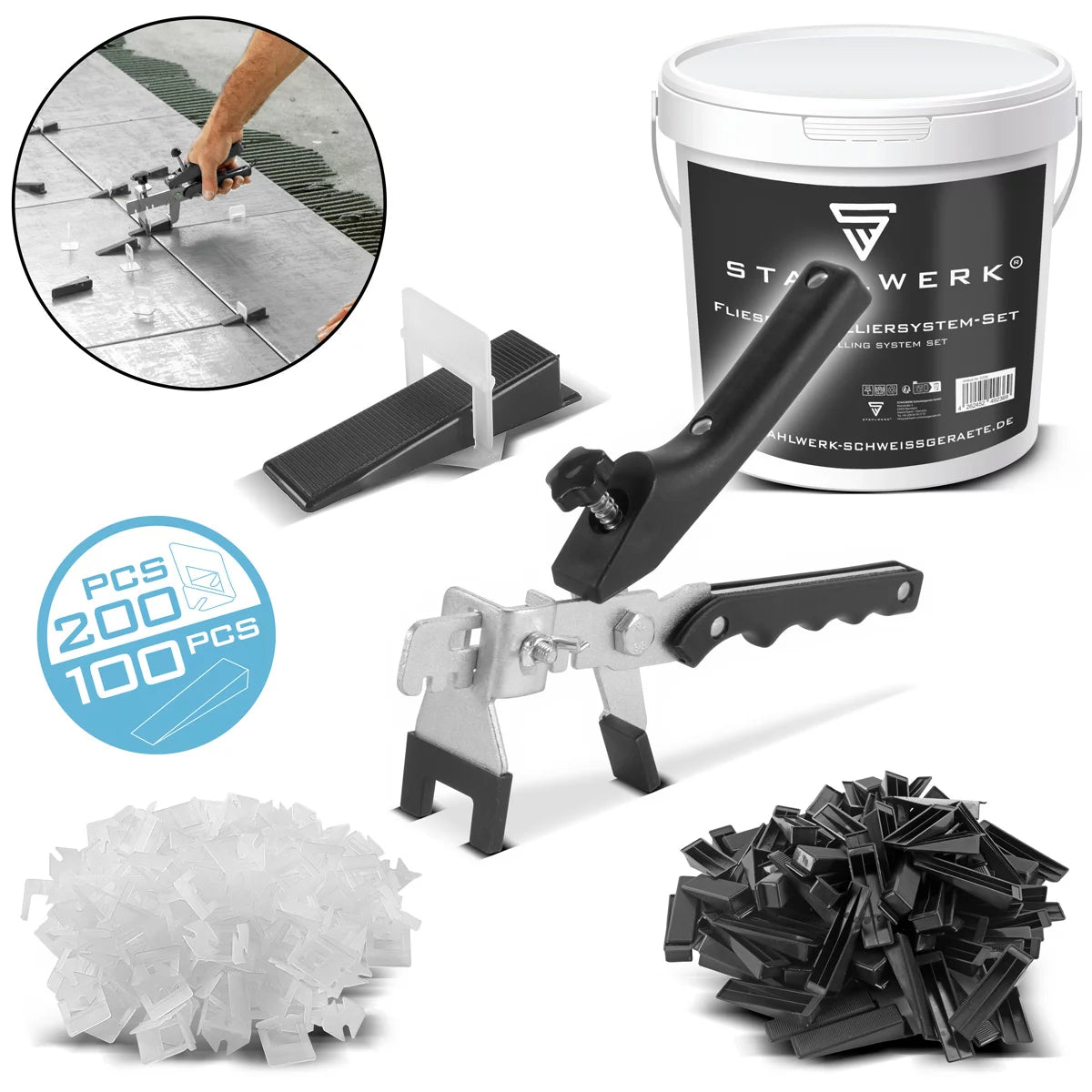 Kit de nivellement de carrelage STAHLWERK | 200 languettes pour une largeur de joint de 2 mm | 100 cales de nivellement | Système de pose | Aide à l'installation | Pinces à niveler les carreaux | installation facile | carrelage parfait