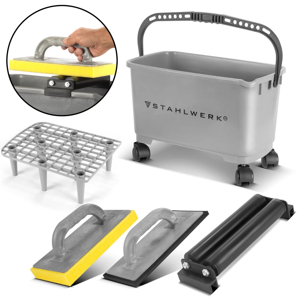 STAHLWERK kit de lavage de carrelage Pro | Set de lavage carreleur 5 pièces | set de lavage de carrelage professionnel avec seau de 24 litres Planche à laver le carrelage| flotter | Nettoyage de carrelage | carrelage parfait