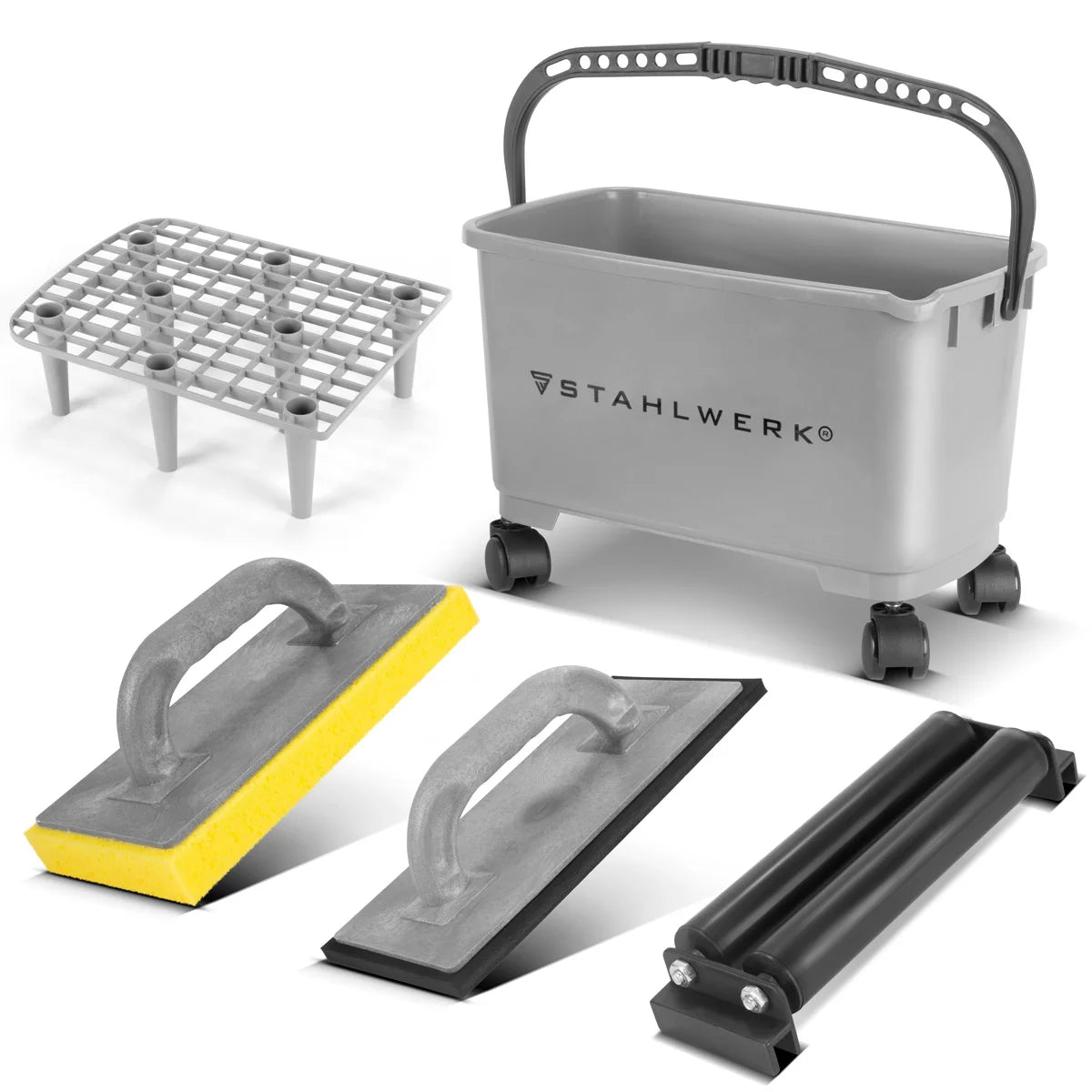 STAHLWERK Fliesenwaschset Pro | 5-teiliges Fliesenleger Waschset | professionelles Fliesen Waschset mit 24 Liter Eimer| Fliesenwaschbrett| Reibebrett | Fliesenreinigung | perfekte Fliesen