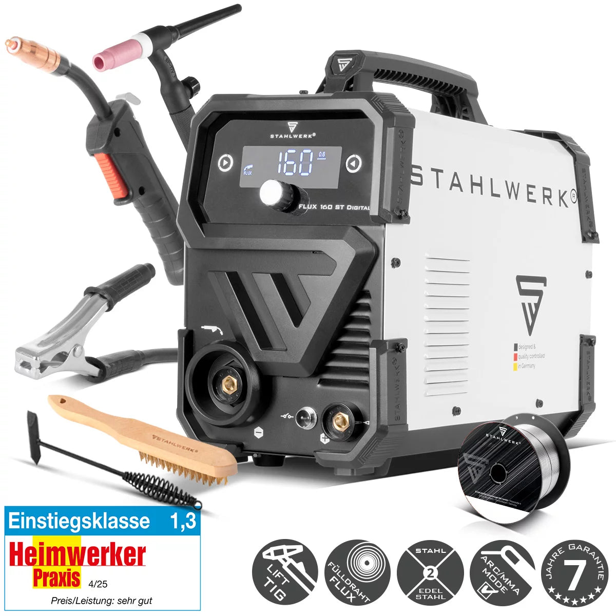 STAHLWERK FLUX 160 ST Digitale | Set iniziale Lift TIG | Inverter a filo animato 3 in 1 160 A | Torcia Tig con sollevamento universale WP-17V | Saldatrice combinata per FLUX, MMA, Lift-TIG | Saldatura senza gas di protezione