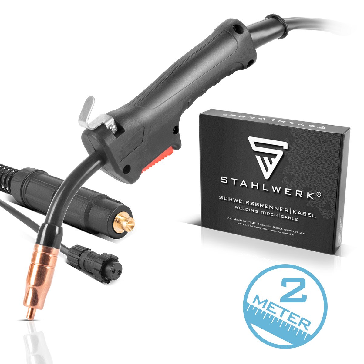 PLANTA ACERO AK14 | Antorcha de soldadura MB14 FLUX | Quemador de hasta 160 A, incluye paquete de manguera de 2 m, accesorios de soldadura profesionales para máquinas de soldar FLUX con conexión de mandril de 9 mm