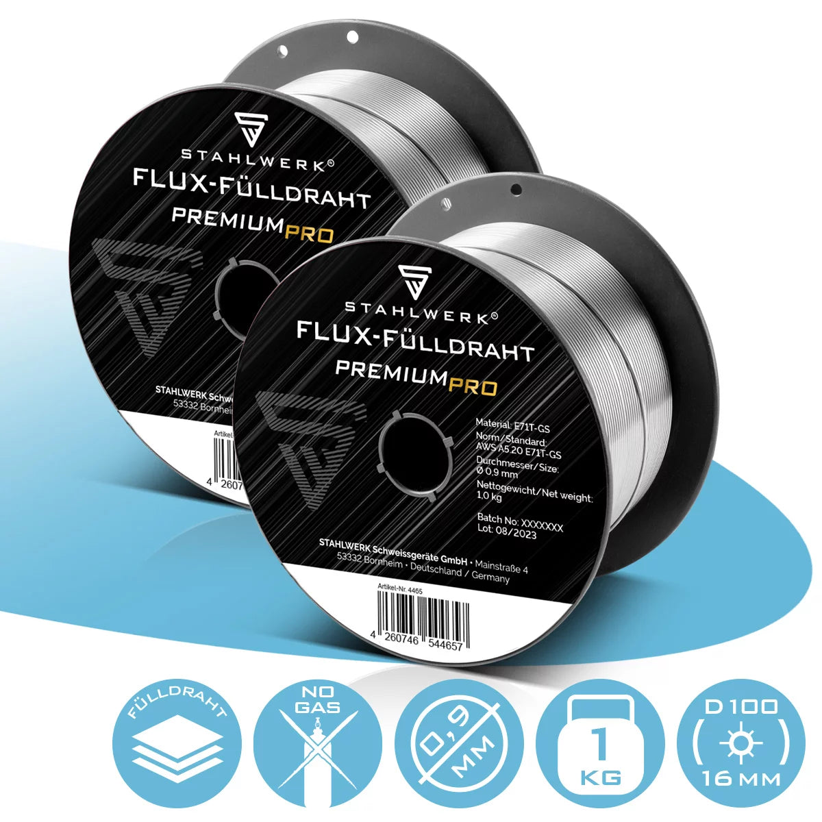 STAHLWERK MIG MAG Premium Schweißdraht - Fülldraht 2er Set E71T-GS Ø 0,9 mm S100/ D100 Drahtrolle mit 0,9 kg / Flux-Fülldraht