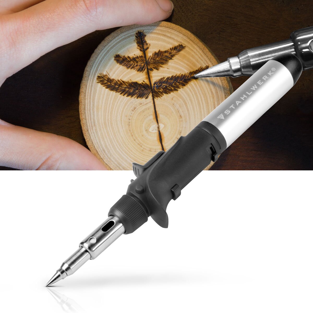 STAHLWERK gas soldering iron GLK-500 ST 10-piece 3-in-1 gas soldering set | Soldering device | Soldering station | Soldering gun with 200 - 500°C soldering temperature and 1,300°C flame nozzle for hot air, fire and soldering work