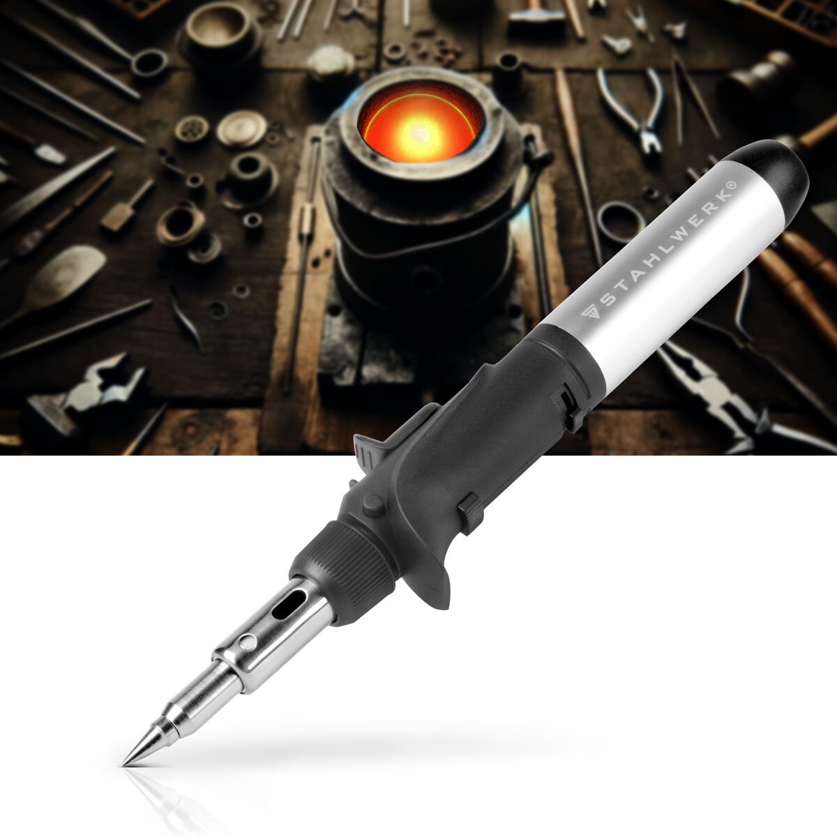 STAHLWERK gas soldering iron GLK-500 ST 10-piece 3-in-1 gas soldering set | Soldering device | Soldering station | Soldering gun with 200 - 500°C soldering temperature and 1,300°C flame nozzle for hot air, fire and soldering work