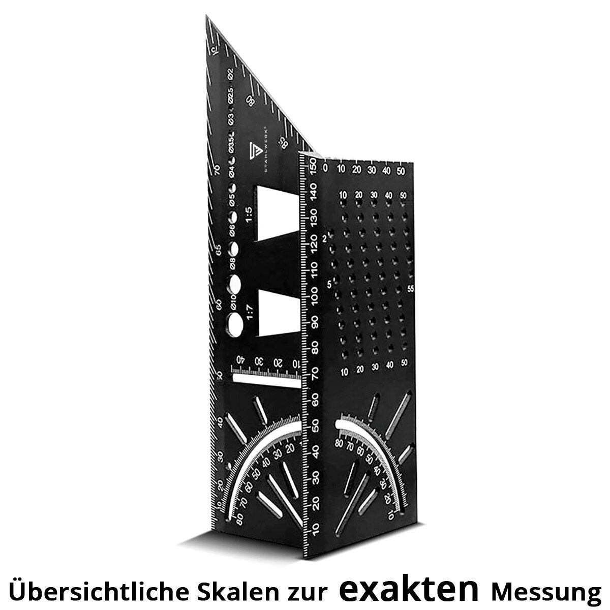 STAHLWERK Gehrungswinkel-Lineal mit Anschlag und Bohrlehre 3D-Winkel | Zimmermannswinkel | Aluminium-Winkel | Gehrmaß | Winkelmesser zum präzisen Messen, Anreißen, Markieren und Zeichnen