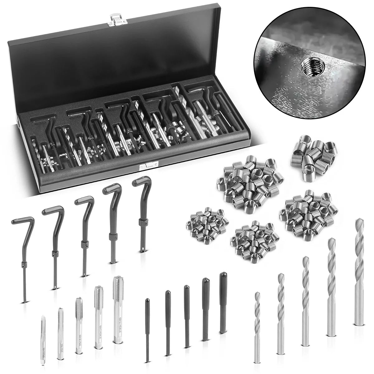 STAHLWERK Helicoil Gewinde-Reparatur-Set 131-teiliger Gewinde-Reparatur-Satz M5 M6 M8 M10 M12 Gewinde-Reparatur-Werkzeug mit Gewindebohrern, Bohrern, Brechwerkzeug, Einbauwerkzeug und Gewindeeinsätzen