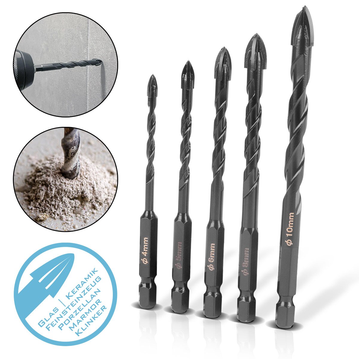 STAHLWERK Glasbohrer | Fliesenbohrer | Keramikbohrer 5er Set 4 | 5 | 6 | 8 | 10 mm mit 1/4 Zoll Sechskant-Aufnahme für Bohrungen in Glas, Fliesen, Keramik, Porzellan, Klinker, Feinsteinzeug, Marmor