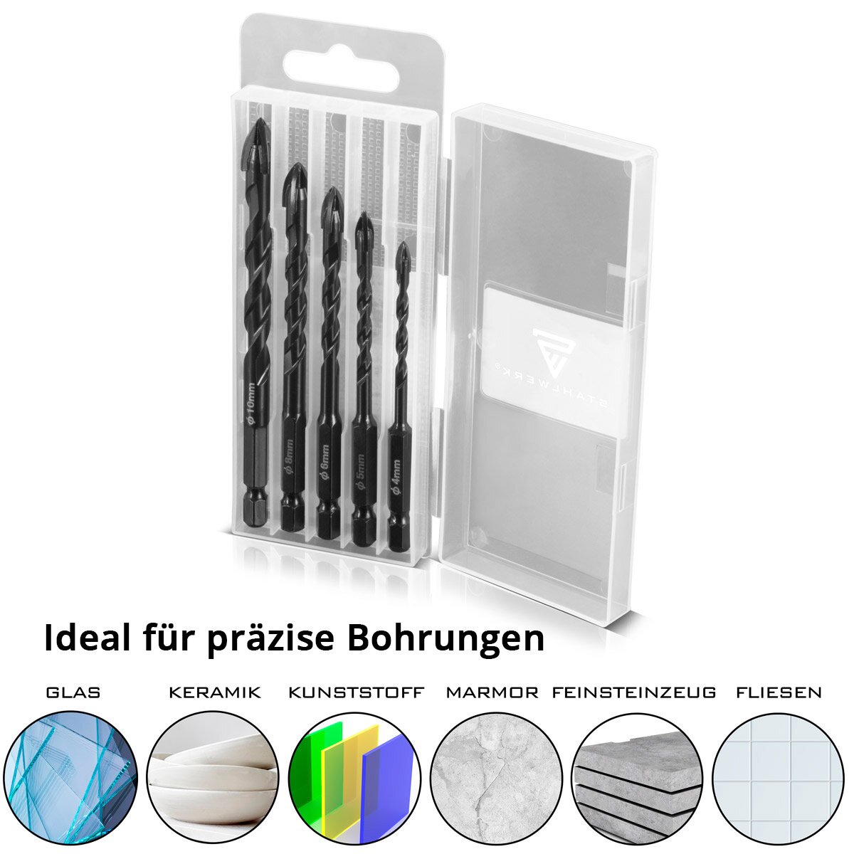 Foret à verre STAHLWERK | Perceuse à carrelage | Jeu de 5 forets à céramique 4 | 5 | 6 | 8 | 10 mm avec support hexagonal 1/4" pour percer des trous dans le verre, le carrelage, la céramique, la porcelaine, la brique de clinker, le grès fin, le marbre.