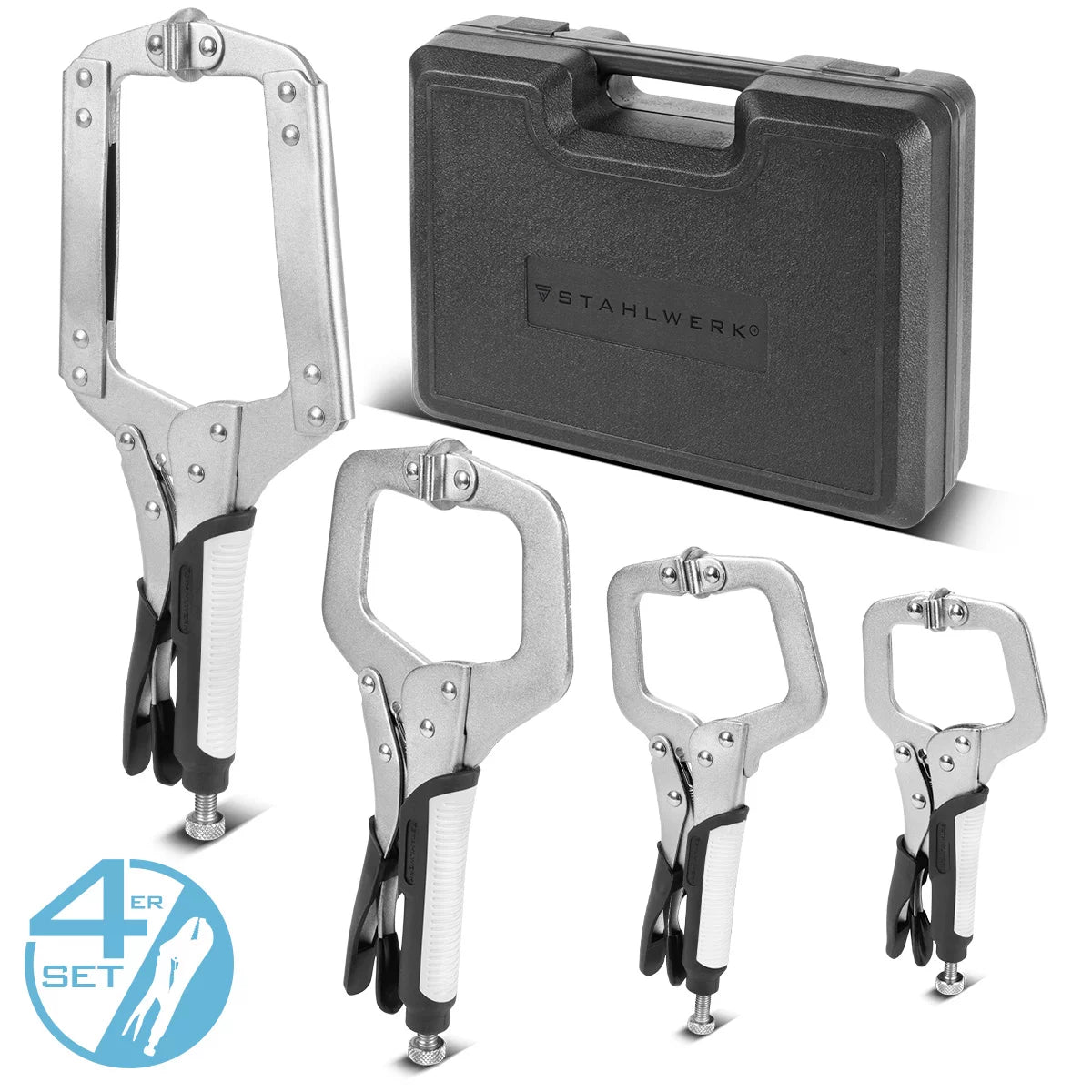 STAHLWERK grip pliers set 4 pieces | C shape 6 to 14 inches | Quick clamp clamps | Clamps | Welding grip pliers made of high-alloy steel including transport case
