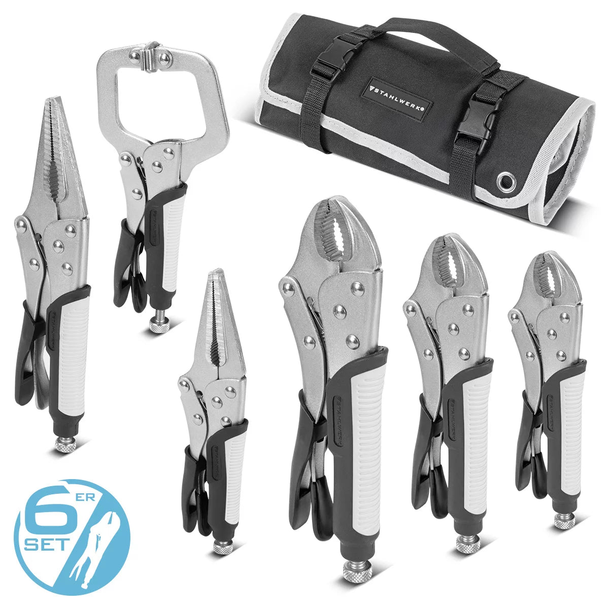 STAHLWERK grip pliers set of 6, adjustable clamping range Langbeck grip pliers 165/241mm | Grip pliers with curved jaws 127/178/254 mm | C-clamp 152 mm | Ergonomic TPR handles | Roll bag included
