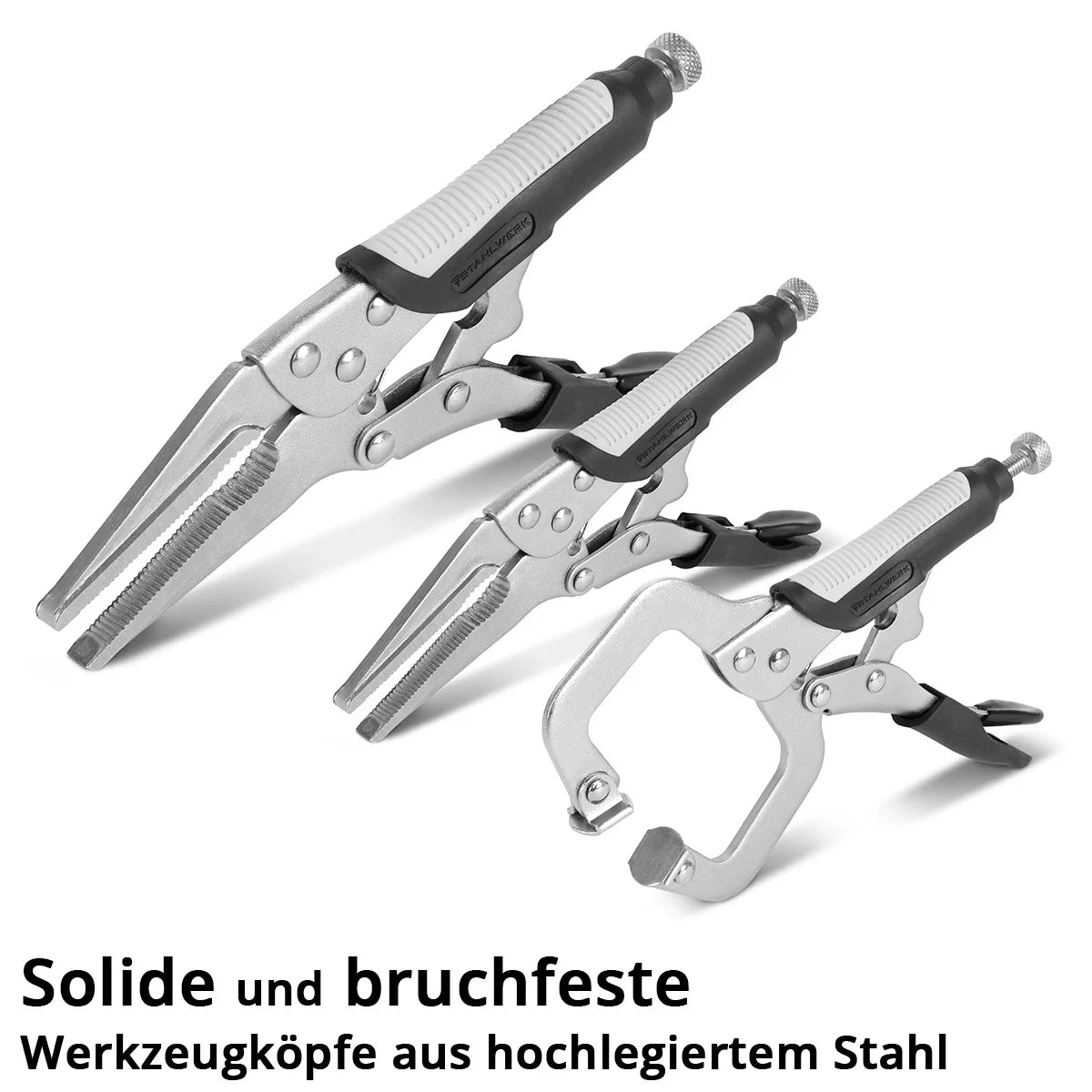 STAHLWERK grip pliers set of 6, adjustable clamping range Langbeck grip pliers 165/241mm | Grip pliers with curved jaws 127/178/254 mm | C-clamp 152 mm | Ergonomic TPR handles | Roll bag included