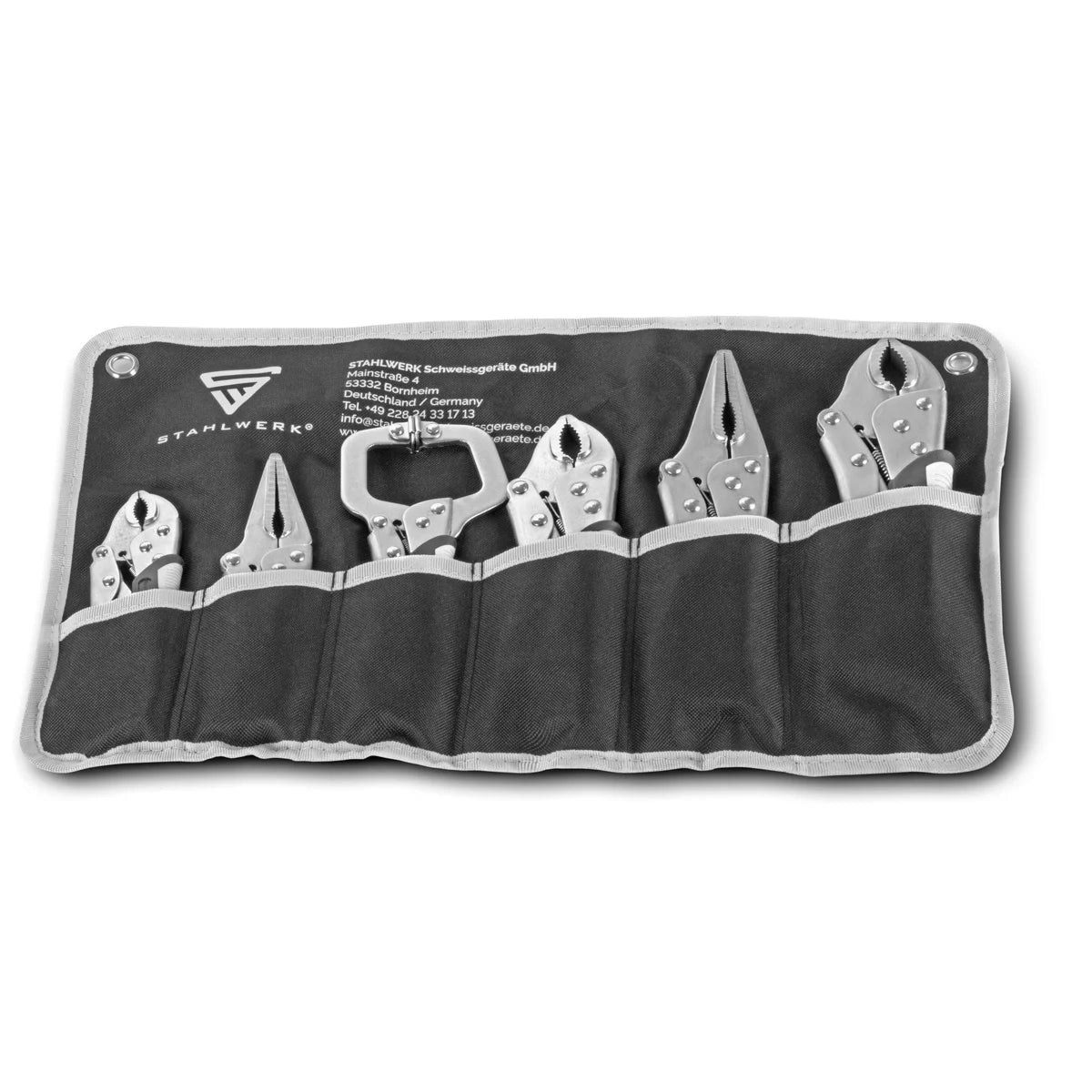 STAHLWERK grip pliers set of 6, adjustable clamping range Langbeck grip pliers 165/241mm | Grip pliers with curved jaws 127/178/254 mm | C-clamp 152 mm | Ergonomic TPR handles | Roll bag included