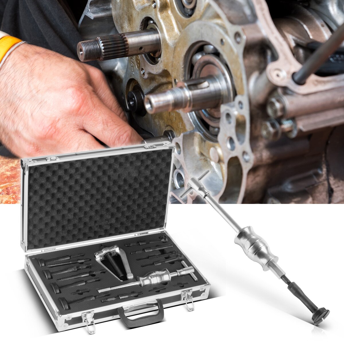 STAHLWERK blind hole bottom bearing puller set with slide hammer, 3 adapters and 10 bearing pullers. 16-piece special tool for removing bottom bearings