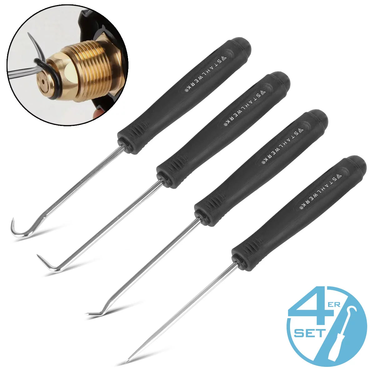 STAHLWERK hook tool set 4 pieces | Hook set | Needle hook | Sealing hook | Pick set | Precision hook | O-ring tool for removing and inserting seal rings