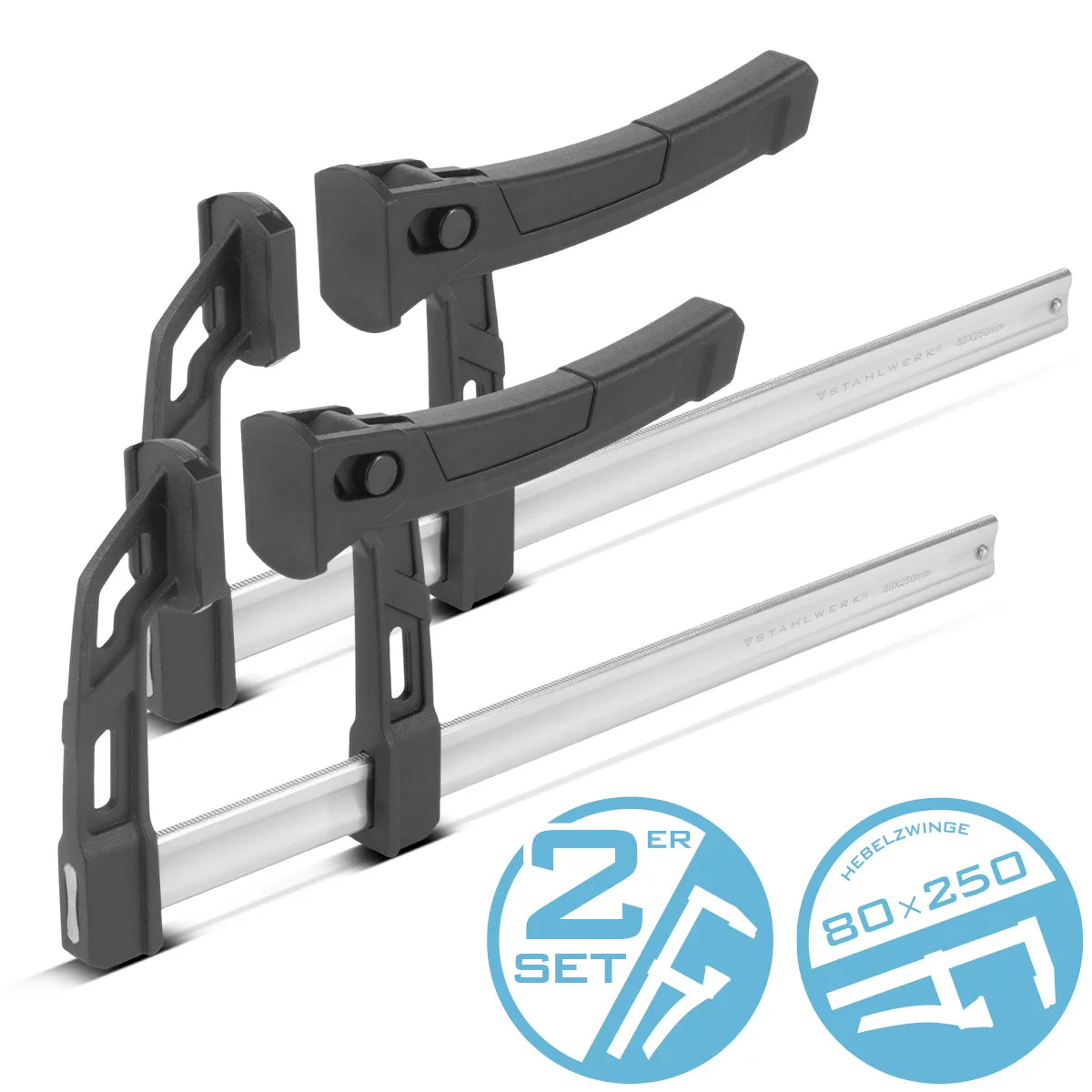 STAHLWERK set of 2 lever clamps 80x250 mm | powerful clamp with 100 kg pressure force | Quick release for precise fixing of workpieces | Stable clamp with a span of 250 mm, clamping depth of 80 mm