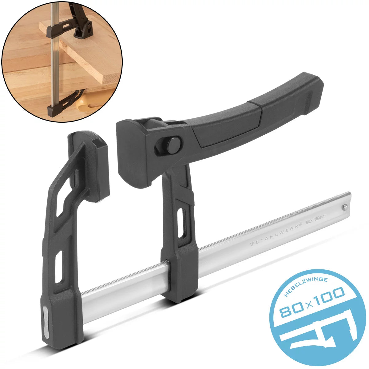 STAHLWERK lever clamp 80x100 mm | powerful clamp with 100 kg pressure force | Toggle clamp for precise fixing of workpieces | stable clamp with a clamping width of 100 mm, clamping depth of 80 mm
