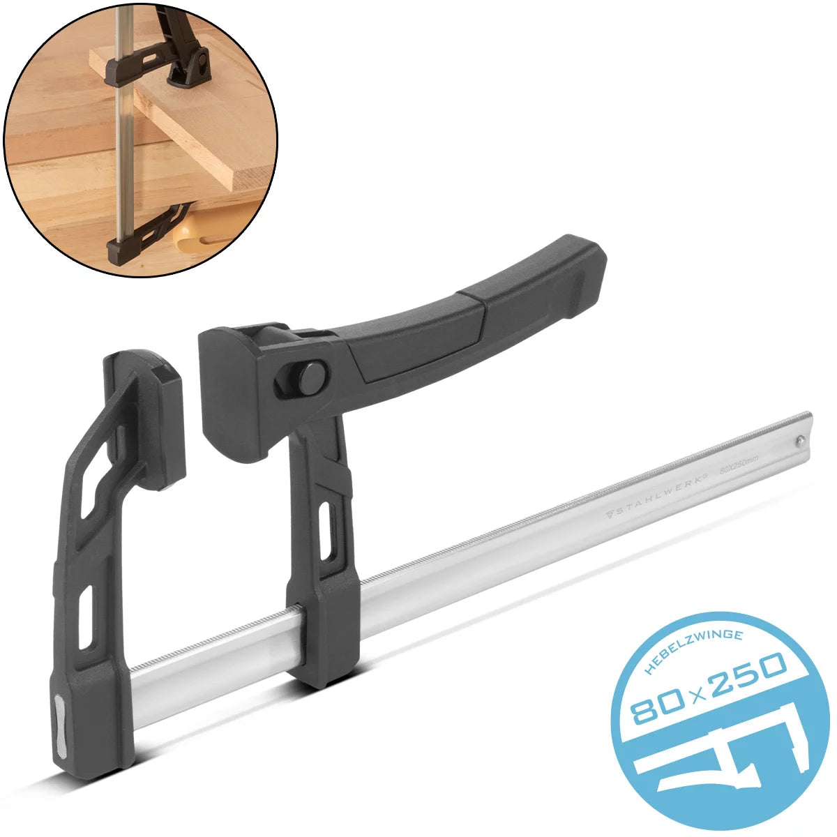 STAHLWERK lever clamp 80x250 mm | powerful clamp with 100 kg pressure force | Toggle clamp for precise fixing of workpieces | stable clamp with a clamping width of 250 mm, clamping depth of 80 mm