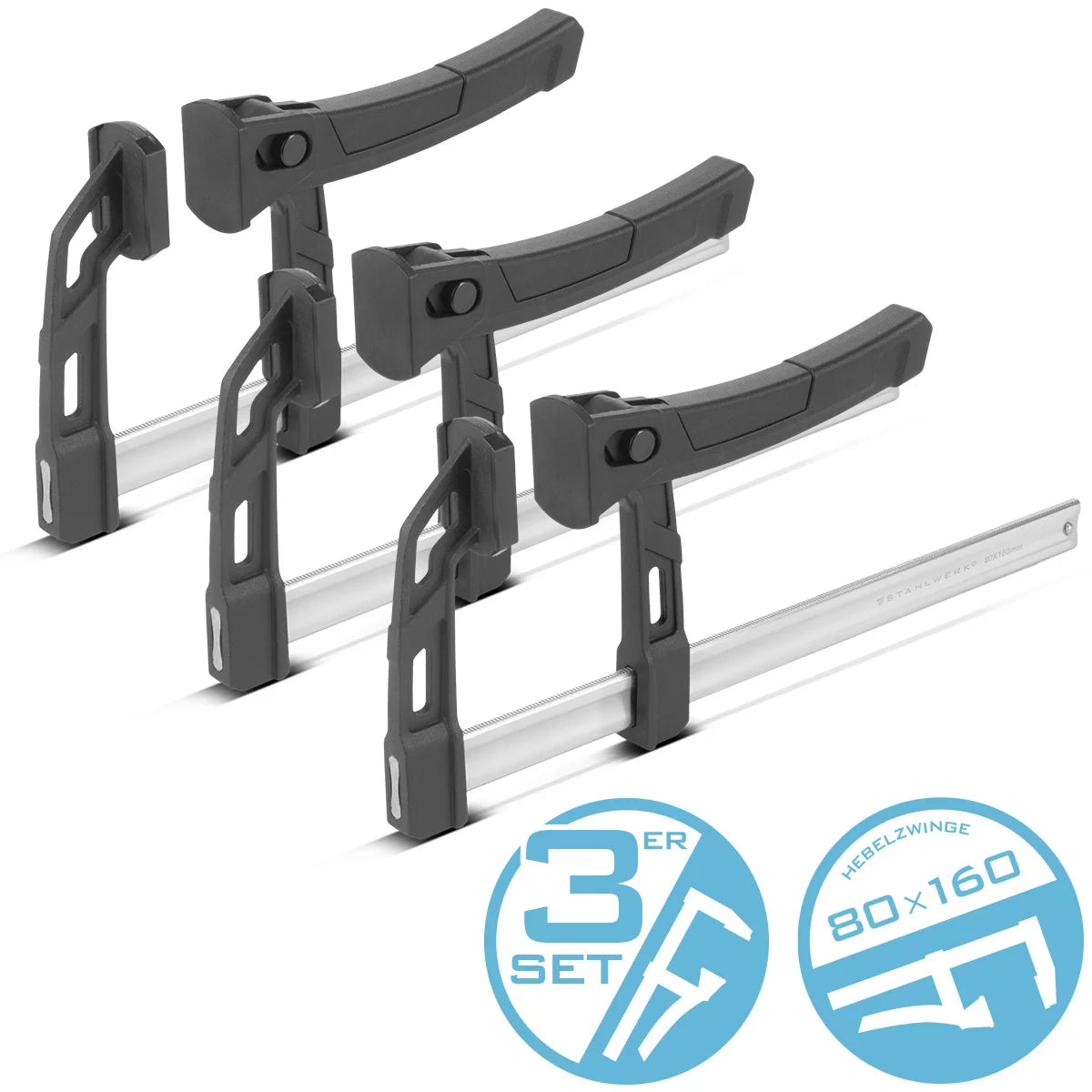 STAHLWERK 3 x lever clamp 80x160 mm | powerful clamp with 100 kg pressure force |
