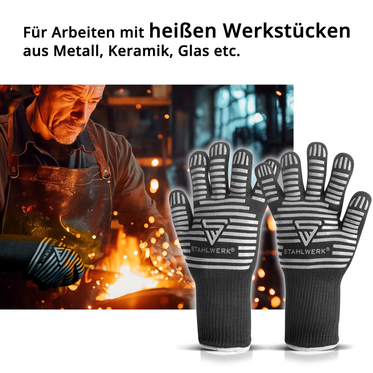 STAHLWERK Heat-resistant gloves up to 800°C EN 407:2004 Fireproof heat protection gloves | Thermal gloves | Work gloves made from robust ARAMID fabric