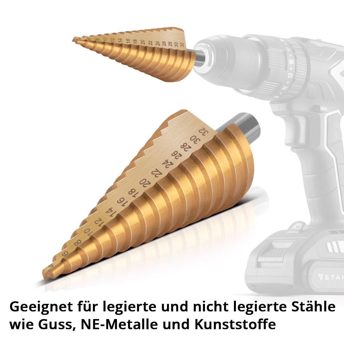 STAHLWERK HSS Stufenbohrer 3er Set TiN-Beschichtung 4-12 | 4-20 | 4-32 mm titanbeschichtete Metallbohrer | Kegelbohrer | Senkbohrer | Schälbohrer | Konus-Bohrer | Bohrer-Satz mit Aluminium-Box
