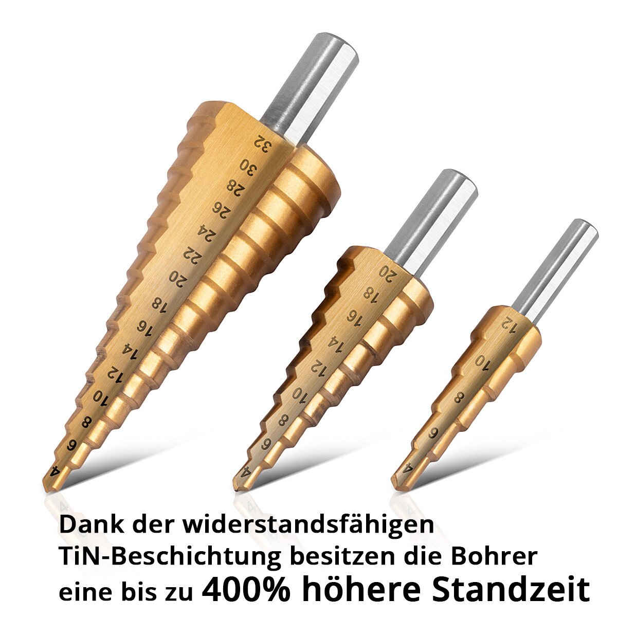 STAHLWERK HSS set di 3 punte a gradino rivestimento TiN 4-12 | 4-20| Punte da trapano per metallo rivestite in titanio da 4-32 mm | Punta a cono | Punta svasatrice | Trapano per sbucciare | Punta a cono | Set di punte con scatola in alluminio