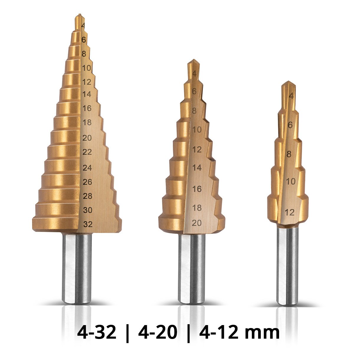 STAHLWERK HSS Stufenbohrer 3er Set TiN-Beschichtung 4-12 | 4-20 | 4-32 mm titanbeschichtete Metallbohrer | Kegelbohrer | Senkbohrer | Schälbohrer | Konus-Bohrer | Bohrer-Satz mit Aluminium-Box
