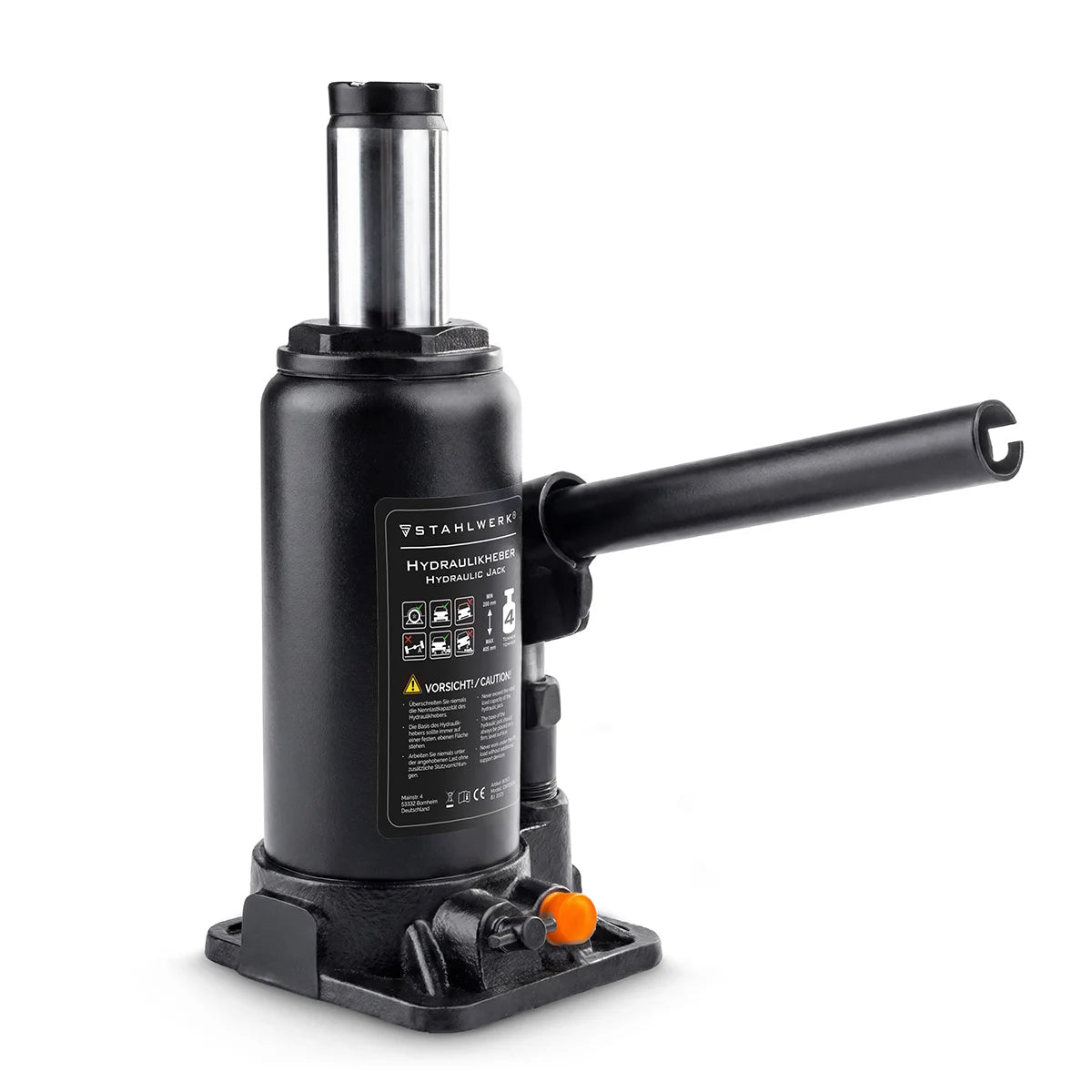 STAHLWERK hydraulic jack GW0404 with 4 t load capacity | Stroke range 180 - 350 mm | Compact stamp jack | Hydraulic car jack | Stable bottle jack for machines, commercial vehicles and cars