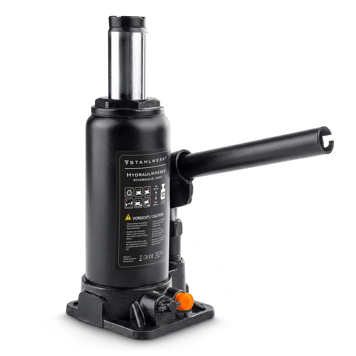 Cric hydraulique STAHLWERK GW1004 avec capacité de charge de 10 t | Plage de course 200 - 405 mm | Prise de tampon compacte | Cric hydraulique | Cric-bouteille stable pour machines, véhicules utilitaires et voitures