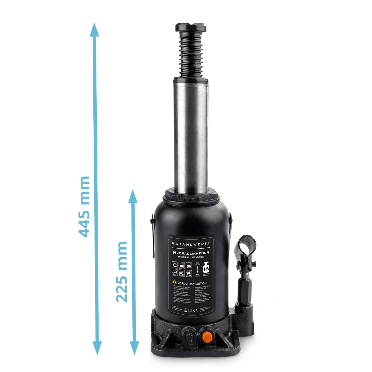 STAHLWERK hydraulic jack GW1604 with 16 t load capacity | Stroke range 225 - 445 mm | Compact stamp jack | Hydraulic car jack | Stable bottle jack for machines, commercial vehicles and cars