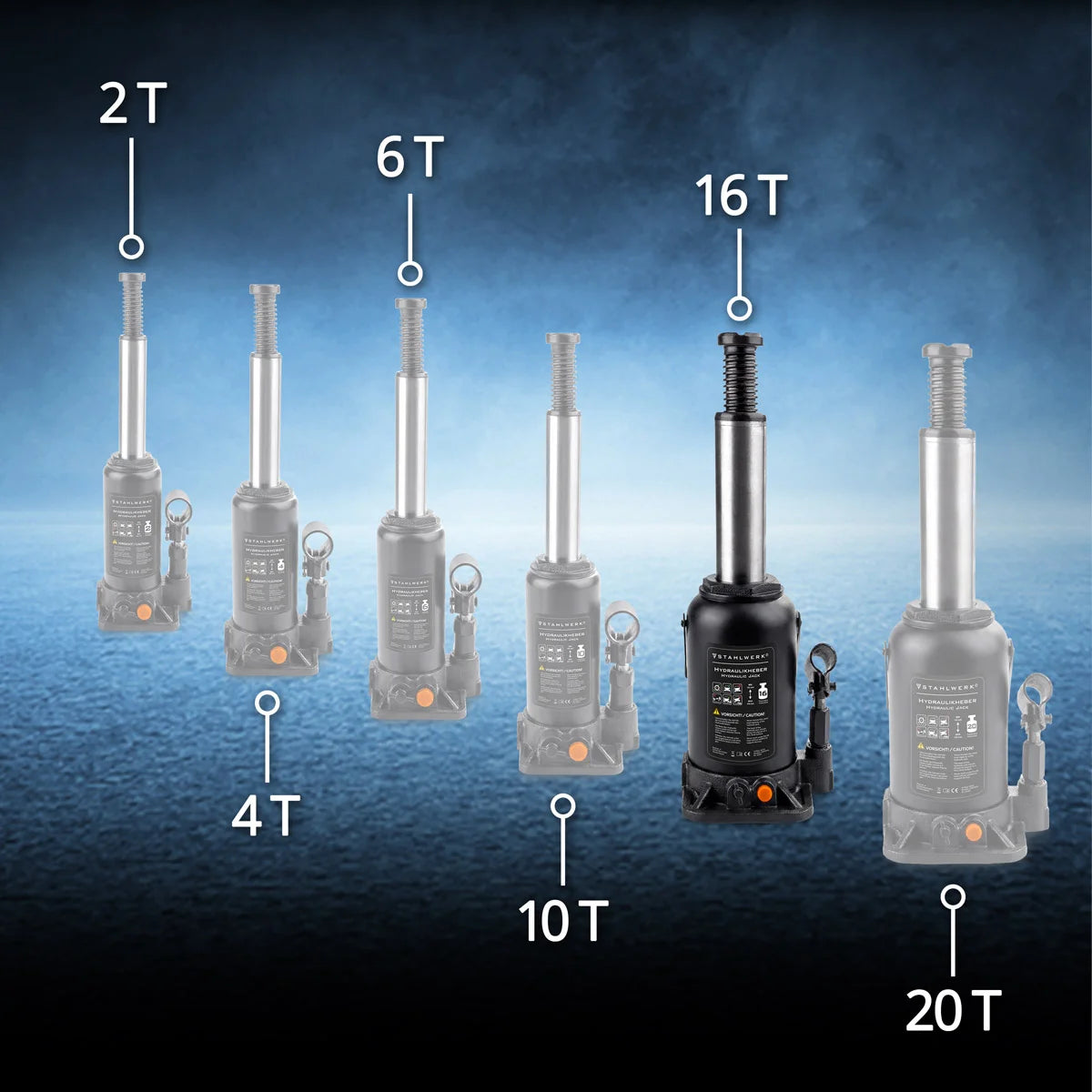 STAHLWERK hydraulic jack GW1604 with 16 t load capacity | Stroke range 225 - 445 mm | Compact stamp jack | Hydraulic car jack | Stable bottle jack for machines, commercial vehicles and cars
