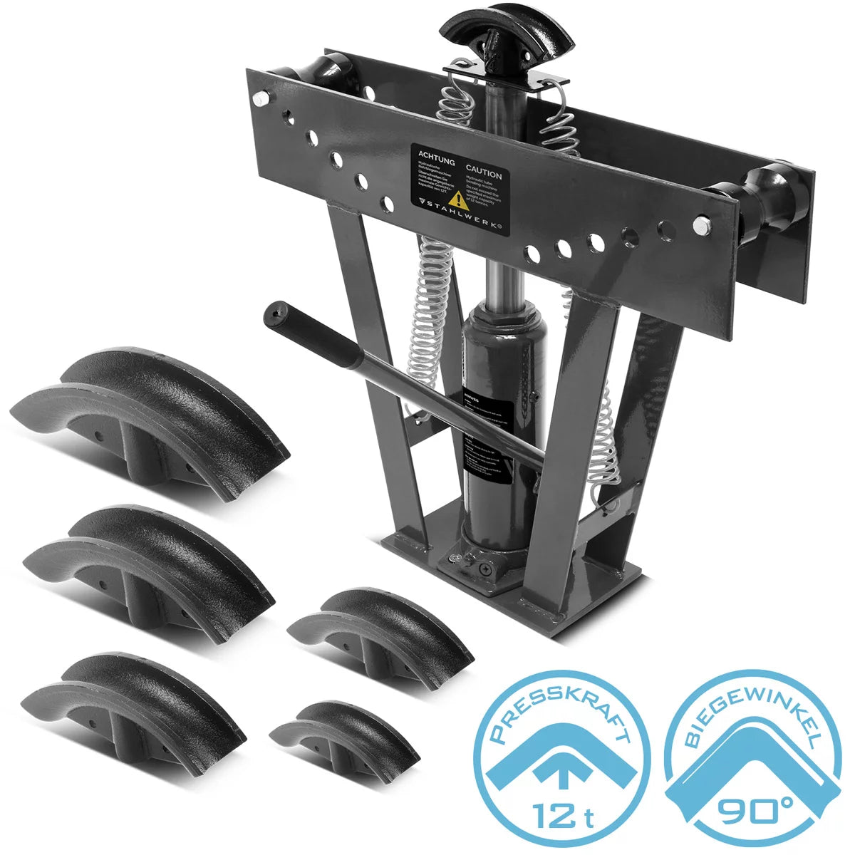 STAHLWERK pipe bending machine up to 90° with 12 t pressing force hydraulic pipe bending device | Pipe bender | Bending machine | Bending device with 6 dies for bending 3-50 mm metal pipes