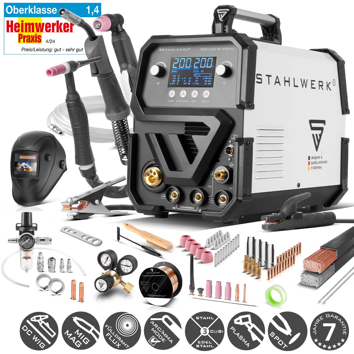 STAHLWERK Kombi-Schweißgerät CTM-250 ST Digital Vollausstattung 5-in-1 Schutzgas-Schweißgerät | Inverter mit 200 A, synergischem Drahtvorschub und integriertem 50 A Plasmaschneider CUT | WIG