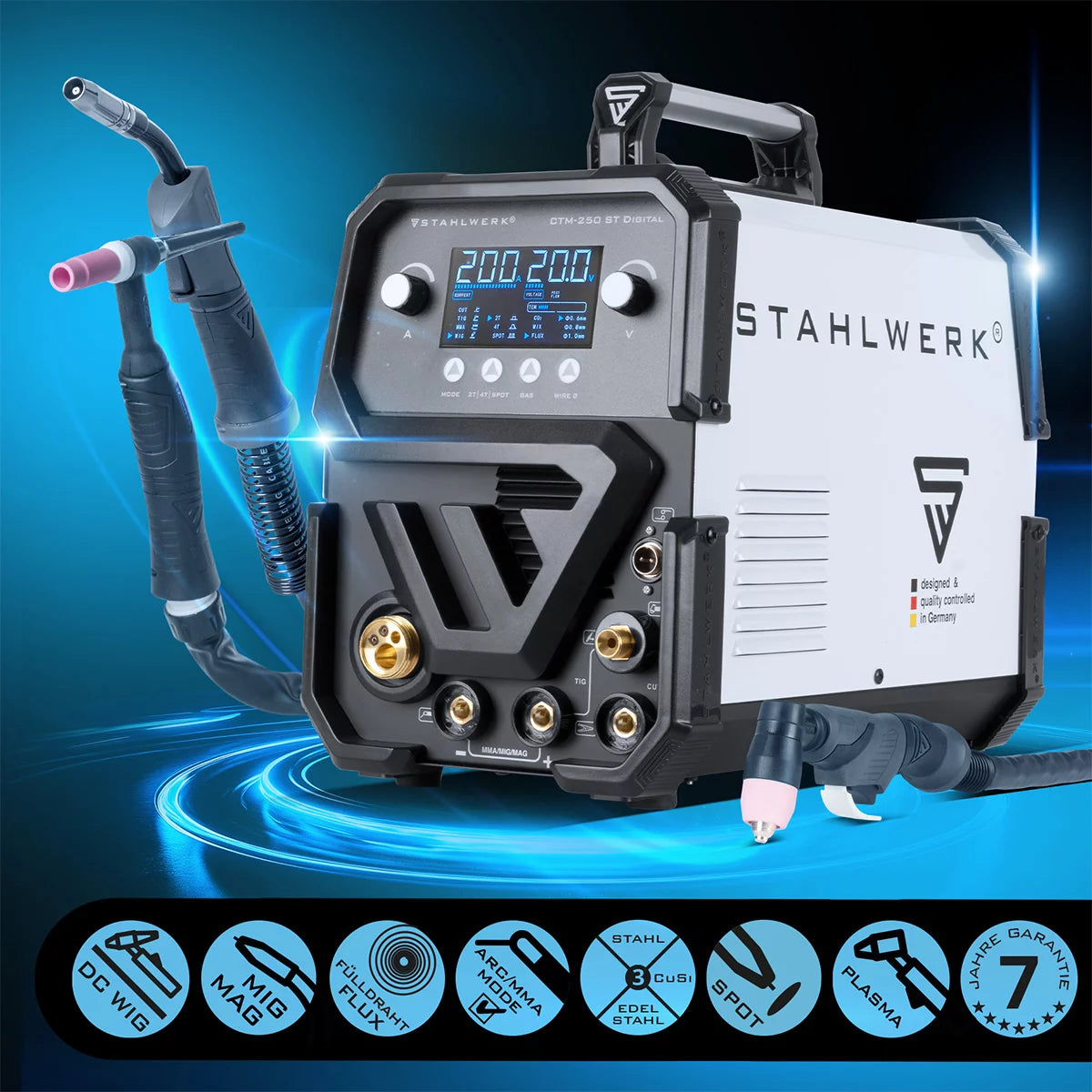 STAHLWERK Kombi-Schweißgerät CTM-250 ST Digital Vollausstattung 5-in-1 Schutzgas-Schweißgerät | Inverter mit 200 A, synergischem Drahtvorschub und integriertem 50 A Plasmaschneider CUT | WIG