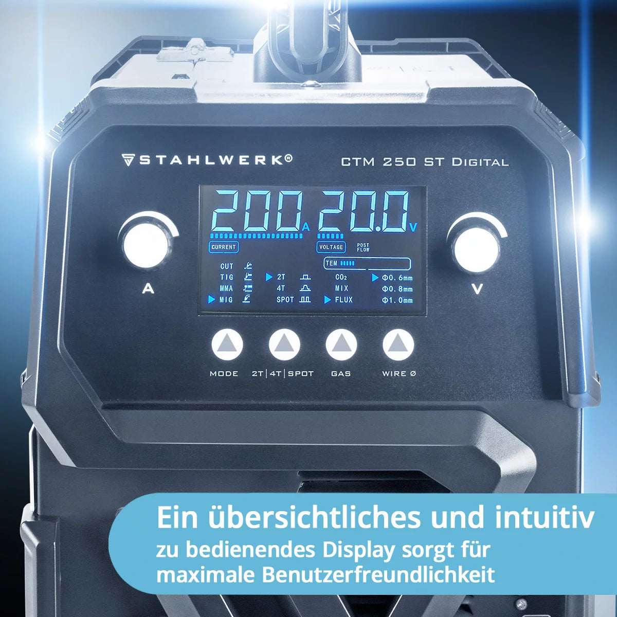 Poste à souder combiné STAHLWERK CTM-250 ST Poste à souder numérique au gaz inerte 5 en 1 | Onduleur avec 200 A, dévidoir synergique et découpeur plasma 50 A intégré CUT | TIG | MIG-MAG | MMA | FLUX