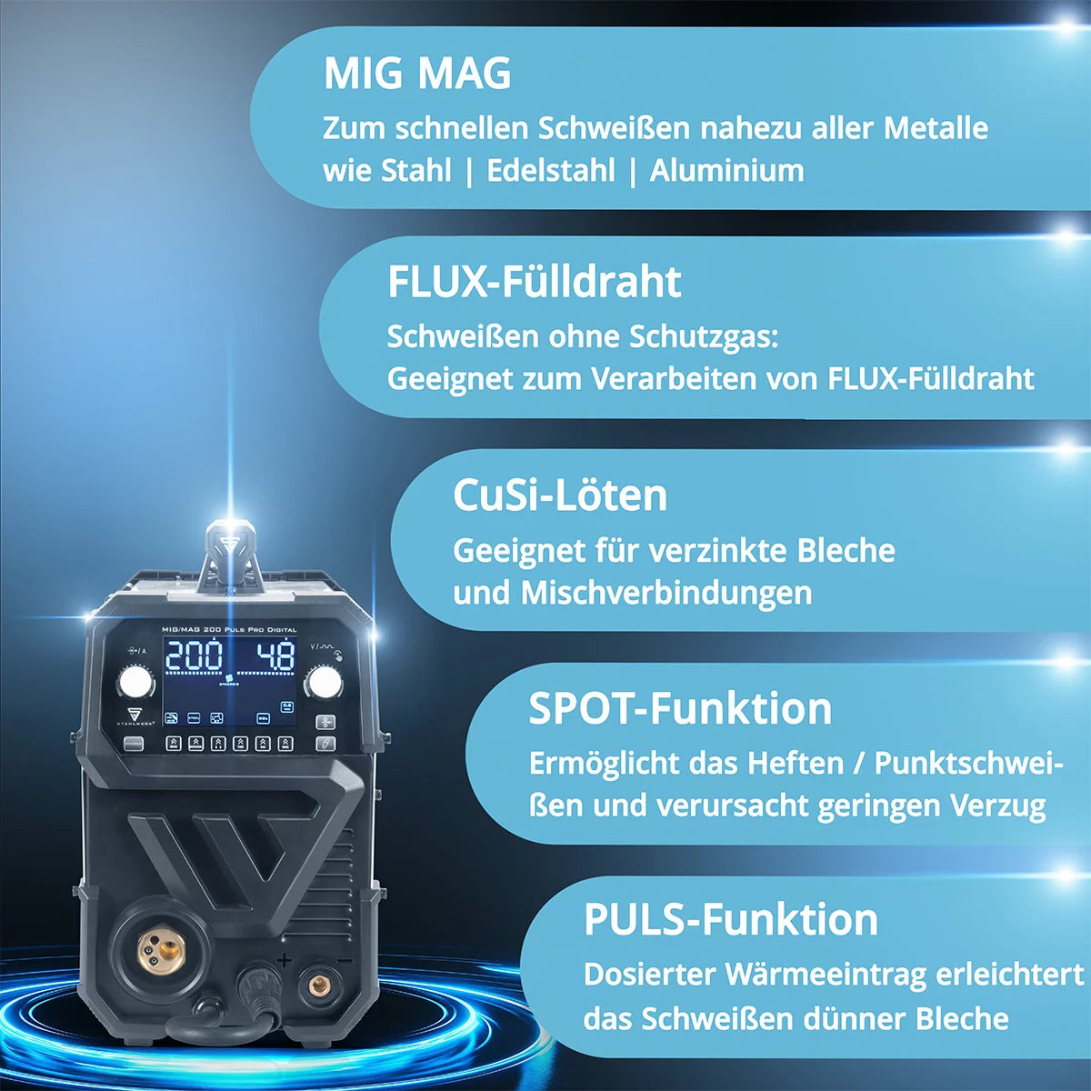 STAHLWERK MIG MAG 200 Spot Puls Pro Digital fully equipped inert gas welding machine | IGBT inverter 200 A | Synergic wire feeder | 4 roller drive | FLUX, Lift-TIG, MMA, CuSi | MIG pulse for aluminum