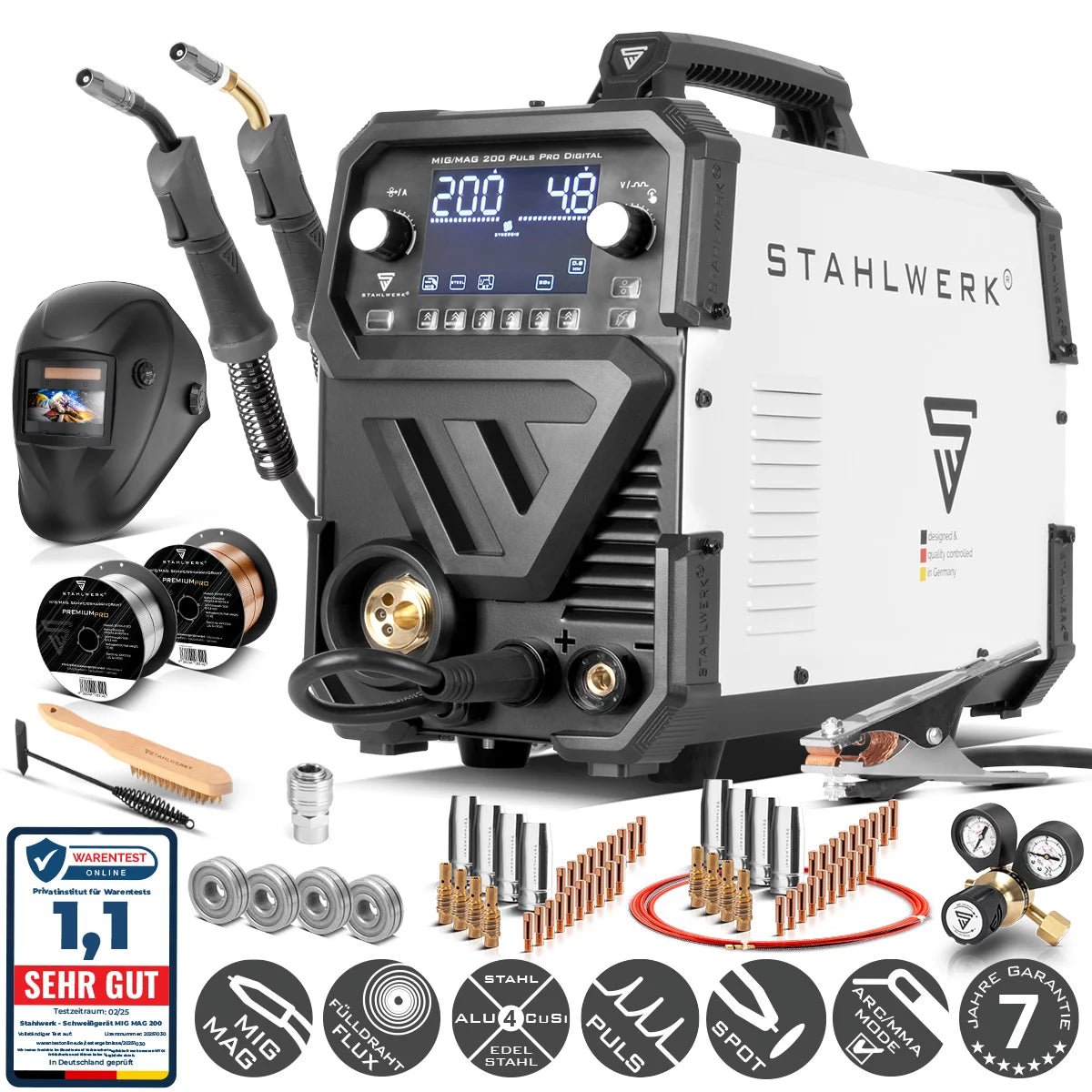 STAHLWERK MIG MAG 200 Spot Puls Pro Machine à souder numérique au gaz inerte entièrement équipée | Onduleur IGBT 200 A | Dévidoir synergique | Entraînement à 4 rouleaux | FLUX, Lift-TIG, MMA, CuSi | Impulsion MIG pour l'aluminium