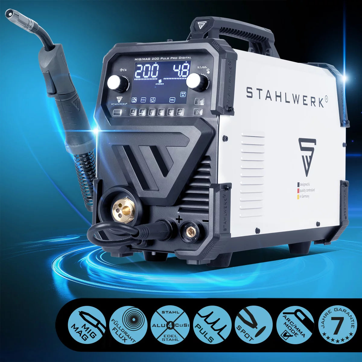 STAHLWERK MIG MAG 200 Spot Puls Pro Poste de soudage numérique au gaz inerte | Onduleur IGBT 200 A | Dévidoir synergique | Entraînement à 4 rouleaux | Fonction de soudage FLUX, Lift-TIG, MMA/ARC, CuSi | Impulsion MIG pour l'aluminium