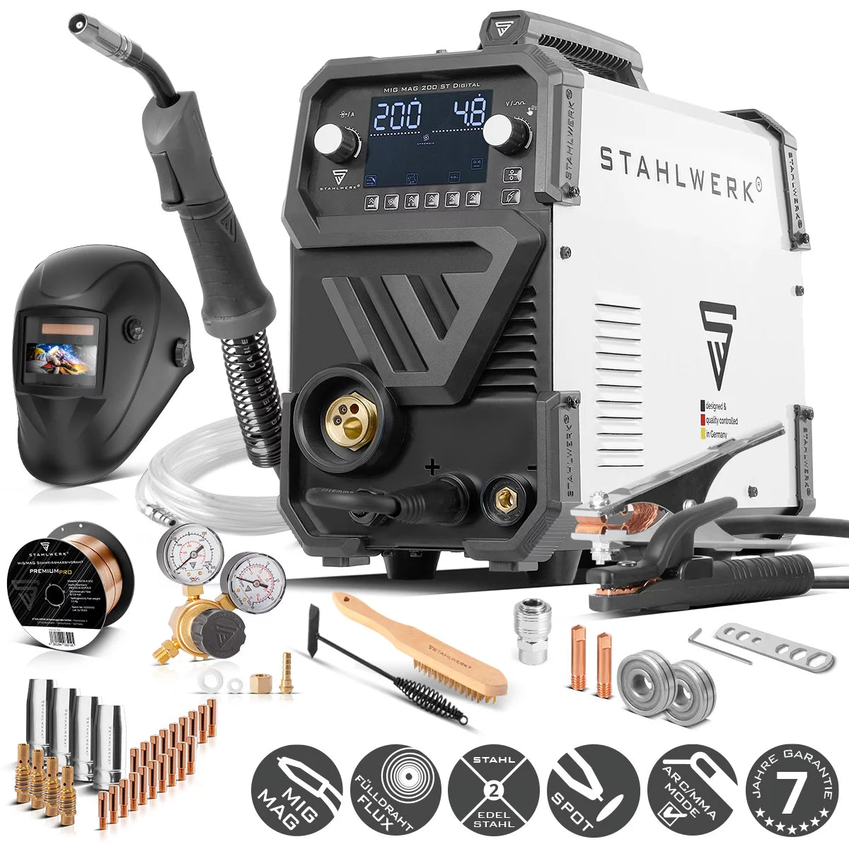 Saldatrice STAHLWERK MIG MAG 200 ST Saldatrice digitale a gas inerte IGBT completamente attrezzata | Inverter da 200 A, funzione spot, trainafilo sinergico, FLUX e MMA | Funzione ARCO