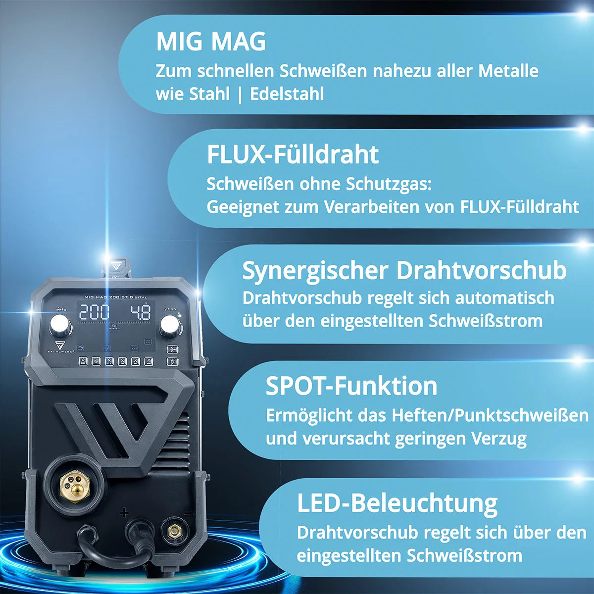 STAHLWERK welding machine MIG MAG 200 ST digital inert gas welding machine | Inverter with 200 A, spot function, synergic wire feed, FLUX and MMA | ARC function