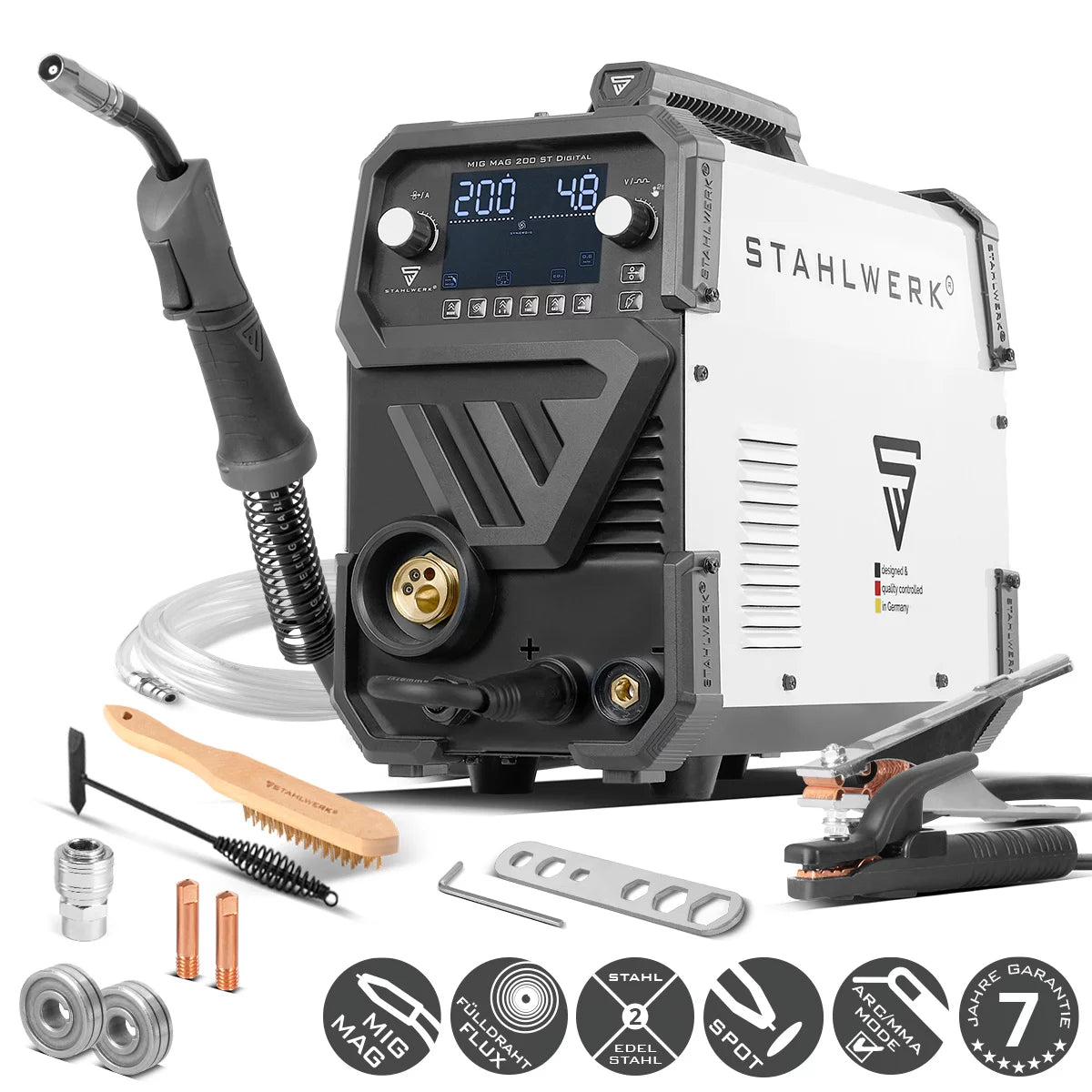 Saldatrice STAHLWERK MIG MAG 200 ST saldatrice digitale a gas inerte | Inverter da 200 A, funzione spot, trainafilo sinergico, FLUX e MMA | Funzione ARCO