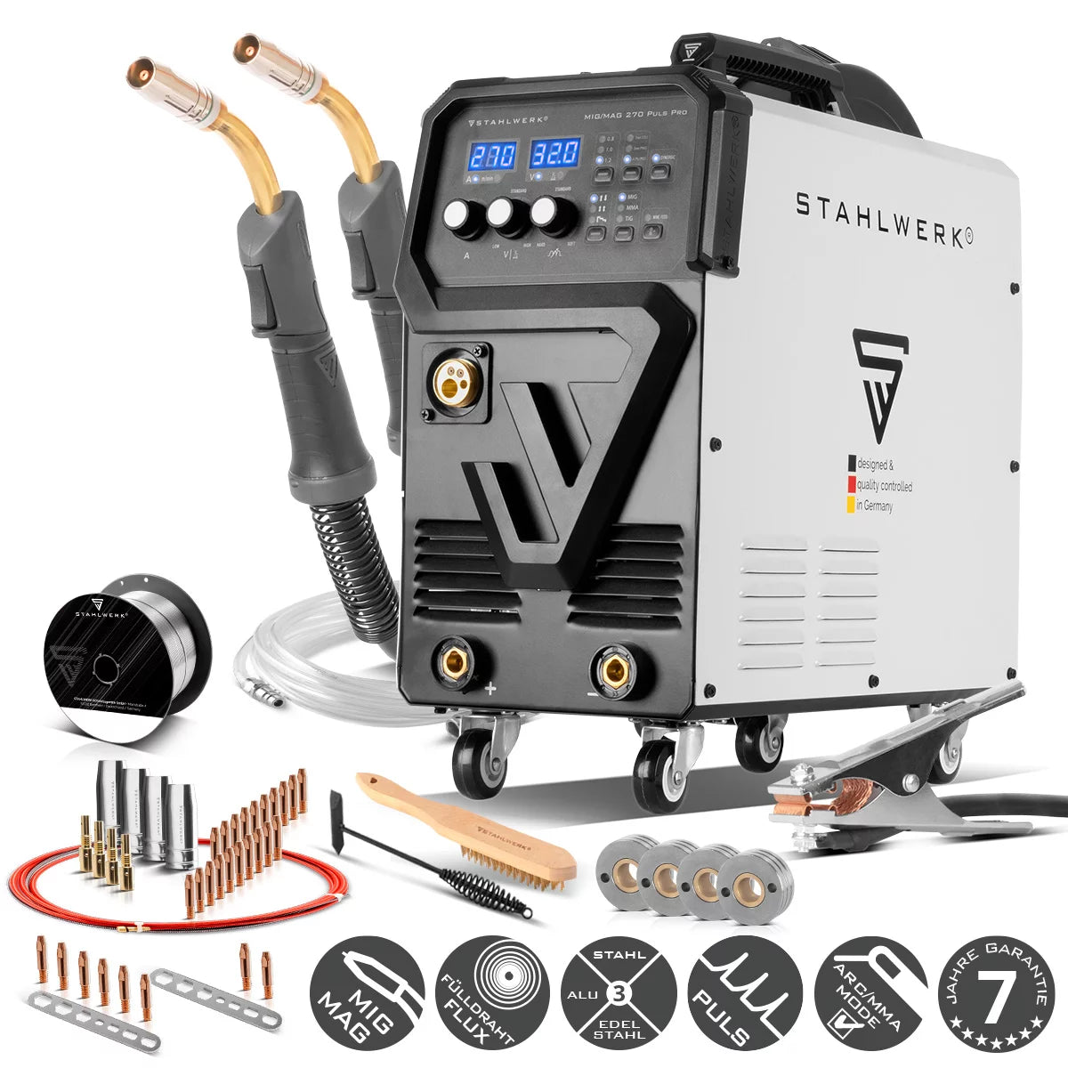 STAHLWERK Schweißgerät MIG 270 Puls Pro | 4-in-1 Schutzgas-Schweißgerät mit Pulsfunktion, AK25/MB25 Alu-Schweißbrenner und Verschleißteile-Set für Aluminium-Schweißen | Inverter mit 270 A, Spot-Funktion, synergischem Drahtvorschub, 4-Rollen-Antrieb