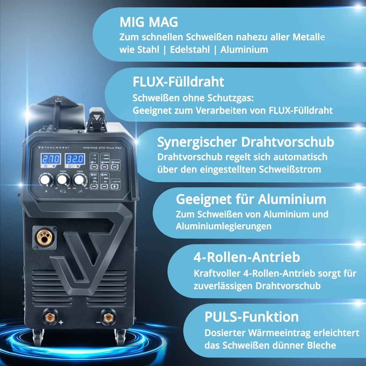 STAHLWERK welding machine MIG 270 Puls Pro | 4-in-1 inert gas welding machine with pulse function, AK25/MB25 aluminum welding torch and wear parts set for aluminum welding | Inverter with 270 A, spot function, synergic wire feed, 4-roller drive