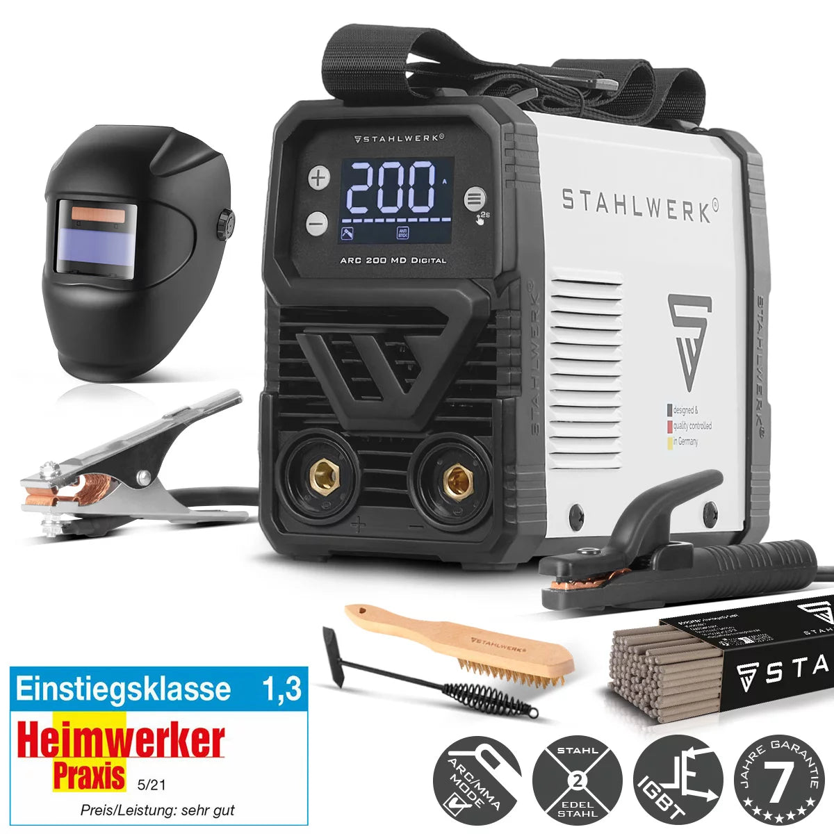Saldatrice digitale ad elettrodo STAHLWERK ARC 200 MD Attrezzatura completa DC MMA / E-hand, lift-TIG | 200 Amp reali | Display digitale con menu | Hotstart, Anti-Stick, ARC Force, VRD | Raffreddamento intelligente | Tecnologia IGBT